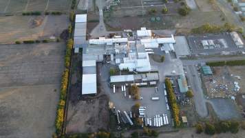 Aerial drone view of slaughterhouse - Captured at Hardwick Meatworks Abattoir, Kyneton VIC Australia.