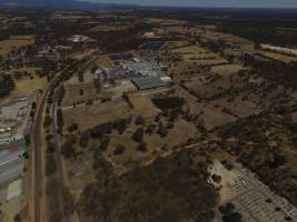 Aerial drone view of slaughterhouse - Captured at Thomas Foods (Frewstal) Abattoir, Stawell VIC Australia.