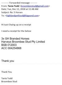 Email showing Harvey's Broombee horses sent to knackery - Broombee Stud is owned by billionaire Gerry Harvey - Captured at Highland Pet Food, Guyra NSW Australia.