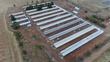 Drone flyover of piggery - Wasleys is one of the largest piggeries in South Australia. - Captured at Wasleys Piggery, Pinkerton Plains SA Australia.