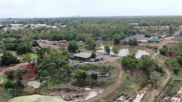 Drone flyover of Crocodylus park/zoo and hidden crocodile farm - Captured at Crocodylus Park Farm & Abattoir, Knuckey Lagoon NT Australia.
