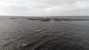 Drone flyover of offshore salmon farm - Floating sea cages containing farmed salmon, in Macquarie Harbour, near Strahan, Tasmania. - Captured at TAS.