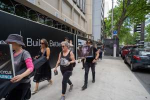 Activists protest the widespread use of cages for pigs - Image taken at Spencer Street as part of the Melbourne Vegan Takeover - Day of Action for Animals - Captured at VIC.