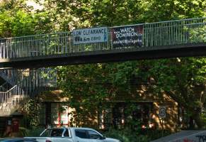 Dominion banners hanging over King's Way in Melbourne - Image taken of banner drop over King's Way in Southbank, as part of Melbourne Vegan Takeover - Captured at VIC.