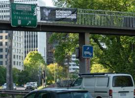 Dominion banners hanging over King's Way in Melbourne - Image taken of banner drop over King's Way in Southbank, as part of Melbourne Vegan Takeover - Captured at VIC.