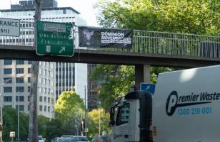 Dominion banners hanging over King's Way in Melbourne - Image taken of banner drop over King's Way in Southbank, as part of Melbourne Vegan Takeover - Captured at VIC.