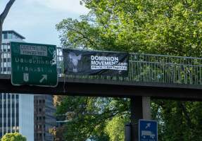 Dominion banners hanging over King's Way in Melbourne - Image taken of banner drop over King's Way in Southbank, as part of Melbourne Vegan Takeover - Captured at VIC.