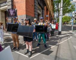 Activists protest the widespread use of cages for pigs - Image taken at Spencer Street as part of the Melbourne Vegan Takeover - Day of Action for Animals - Captured at VIC.