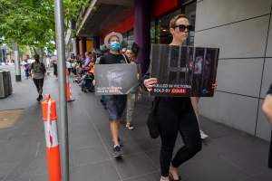 Activists protest the widespread use of cages for pigs - Image taken at Spencer Street as part of the Melbourne Vegan Takeover - Day of Action for Animals - Captured at VIC.