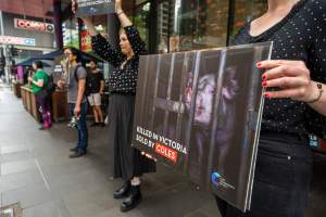 Activists protest the widespread use of cages for pigs - Image taken at Spencer Street as part of the Melbourne Vegan Takeover - Day of Action for Animals - Captured at VIC.