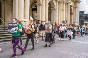 Animal Activists protesting at Bourke Street in Melbourne - Image taken at Bourke Street as part of Melbourne Vegan Takeover - Day of Action For Animals - Captured at VIC.