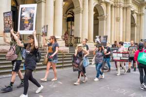 Animal Activists protesting at Bourke Street in Melbourne - Image taken at Bourke Street as part of Melbourne Vegan Takeover - Day of Action For Animals - Captured at VIC.