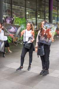 Activists protest the widespread use of cages for pigs - Image taken at Spencer Street as part of the Melbourne Vegan Takeover - Day of Action for Animals - Captured at VIC.