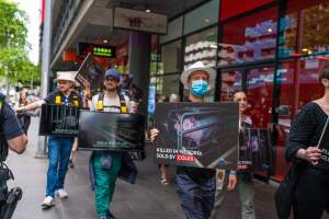 Activists protest the widespread use of cages for pigs - Image taken at Spencer Street as part of the Melbourne Vegan Takeover - Day of Action for Animals - Captured at VIC.