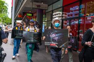 Activists protest the widespread use of cages for pigs - Image taken at Spencer Street as part of the Melbourne Vegan Takeover - Day of Action for Animals - Captured at VIC.