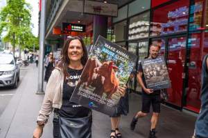 Activists protest the widespread use of cages for pigs - Image taken at Spencer Street as part of the Melbourne Vegan Takeover - Day of Action for Animals - Captured at VIC.