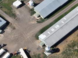 Drone flyover of free-range egg farm - Layer hens seen outside - Captured at Free-range egg farm (Peter & Cheryl King), Lethbridge VIC Australia.