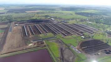 Drone flyover of cattle feedlot - Captured at Kerwee Feedlot, Jondaryan QLD Australia.