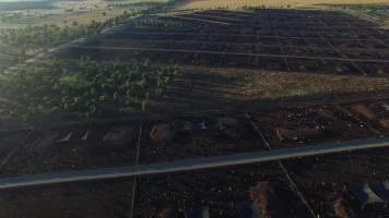 Drone flyover of cattle feedlot - Captured at Riverina Beef Feedlot, Merungle Hill NSW Australia.