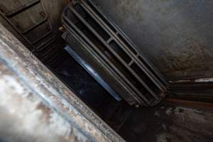 Gondolas in the gas chamber - Looking down into the gondolas in the Butina combi carbon dioxide gas chamber - Captured at Benalla Abattoir, Benalla VIC Australia.