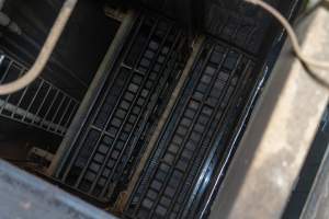 Gondolas in the gas chamber from maintenance ceiling - Looking down on the gondolas inside the Co2 gas chamber from maintenance ceiling where an investigator hid to capture footage - Captured at Australian Food Group Abattoir, Laverton North VIC Australia.