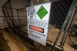 Warning sign - Warning sign for carbon dioxide gas cylinder for gas chamber - Captured at Australian Food Group Abattoir, Laverton North VIC Australia.