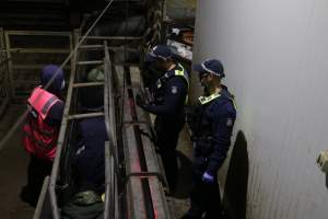 Police speak with activists chained inside race - Activists shut down Benalla slaughterhouse.
Photo by Catriona Marshall. - Captured at Benalla Abattoir, Benalla VIC Australia.