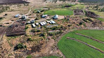 Aerial view of Barron Piggery and Feedlot - Captured at Barron Piggery & Cow Feedlot, Bell QLD Australia.