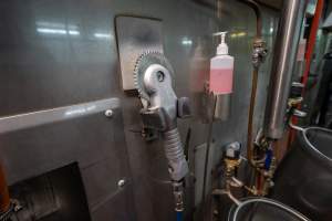 Handheld circular saw in cattle processing room - Captured at Gathercole's Wangaratta Abattoir, Wangaratta VIC Australia.