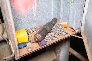 Handheld bolt gun in box near holding pens - Captured at Ralphs Meat Co, Seymour VIC Australia.