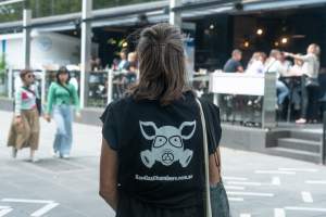 Animal rights activists at Dominion Outreach Melbourne - Animal rights activists attending a street outreach event in Southbank, Melbourne, Australia to bring awareness to the reality of modern animal farming and slaughter practices using footage from Dominion. - Captured at VIC.