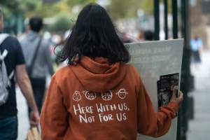 Animal rights activists at Dominion Outreach Melbourne - Animal rights activists attending a street outreach event in Southbank, Melbourne, Australia to bring awareness to the reality of modern animal farming and slaughter practices using footage from Dominion. - Captured at VIC.