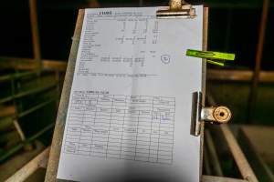 Farrowing paperwork - Printed paperwork clipped above a farrowing crate, detailing information about the sow and her piglets - Captured at Macorna Pastoral Breeder Piggery, Mincha West VIC Australia.