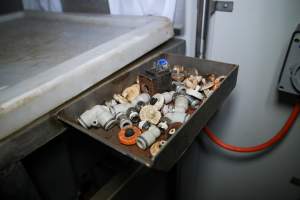 Tray containing ear tags next to knock box - Captured at Greenmountain Food Processing, Coominya QLD Australia.