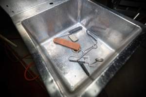 Knife in sink inside slaughterhouse kill room - Captured at Carey Bros Abattoir, Yangan QLD Australia.
