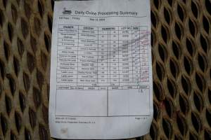 Daily Ovine Processing Summary - Daily kill list - sheep - Captured at Carey Bros Abattoir, Yangan QLD Australia.