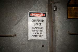 Sign on gas chamber - Photo of the gas chamber at Cowra Meat Processors - Captured at Cowra Meat Processors, Cowra NSW Australia.