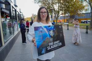 Mother's Day: Dominion Outreach Melbourne: 11 May 2025 - Animal rights activists participating in a street outreach event in Southbank, Victoria, Australia. Volunteers give out free vegan treats, show footage from Farm Transparency Project’s dairy investigations, and engage the public in conversations, bringing awareness to the hidden reality of what happens to cows, calves, and bulls in the Australian dairy industry. - Captured at VIC.