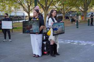 Mother's Day: Dominion Outreach Melbourne: 11 May 2025 - Animal rights activists participating in a street outreach event in Southbank, Victoria, Australia. Volunteers give out free vegan treats, show footage from Farm Transparency Project’s dairy investigations, and engage the public in conversations, bringing awareness to the hidden reality of what happens to cows, calves, and bulls in the Australian dairy industry. - Captured at VIC.