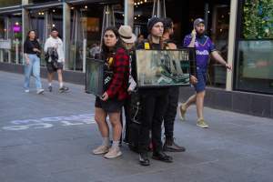 Mother's Day: Dominion Outreach Melbourne: 11 May 2025 - Animal rights activists participating in a street outreach event in Southbank, Victoria, Australia. Volunteers give out free vegan treats, show footage from Farm Transparency Project’s dairy investigations, and engage the public in conversations, bringing awareness to the hidden reality of what happens to cows, calves, and bulls in the Australian dairy industry. - Captured at VIC.