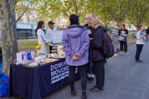 Mother's Day: Dominion Outreach Melbourne: 11 May 2025 - Animal rights activists participating in a street outreach event in Southbank, Victoria, Australia. Volunteers give out free vegan treats, show footage from Farm Transparency Project’s dairy investigations, and engage the public in conversations, bringing awareness to the hidden reality of what happens to cows, calves, and bulls in the Australian dairy industry. - Captured at VIC.