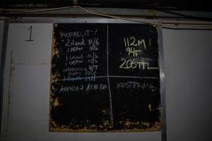 Blackboard on door to weaner shed - Listing piglet mortalities - Captured at Brownlow Piggery - Breeder Site, Brownlow SA Australia.