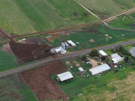 Drone flyover - Drone flyover of unknown dairy farm showing dairy and calf sheds. - Captured at Unknown, Jervois SA Australia.