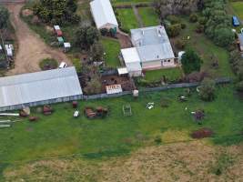 Drone flyover - Drone flyover of unknown dairy farm showing dairy and calf sheds. - Captured at Unknown, Jervois SA Australia.