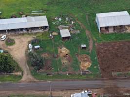 Drone flyover - Drone flyover of unknown dairy farm showing dairy and calf sheds. - Captured at Unknown, Jervois SA Australia.