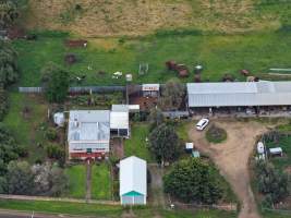 Drone flyover - Drone flyover of unknown dairy farm showing dairy and calf sheds. - Captured at Unknown, Jervois SA Australia.