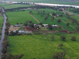Drone flyover - Drone flyover of unknown dairy showing calf sheds and milking shed. - Captured at Unknown Dairy - Devondale, Woods Point SA Australia.