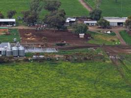 Drone flyover - Drone flyover of unknown dairy showing calf sheds and milking shed. - Captured at Unknown Dairy - Devondale, Woods Point SA Australia.