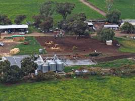 Drone flyover - Drone flyover of unknown dairy showing calf sheds and milking shed. - Captured at Unknown Dairy - Devondale, Woods Point SA Australia.
