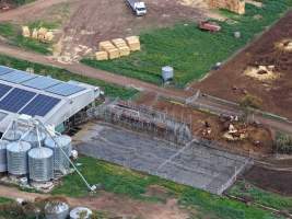 Drone flyover - Drone flyover of unknown dairy showing calf sheds and milking shed. - Captured at Unknown Dairy - Devondale, Woods Point SA Australia.